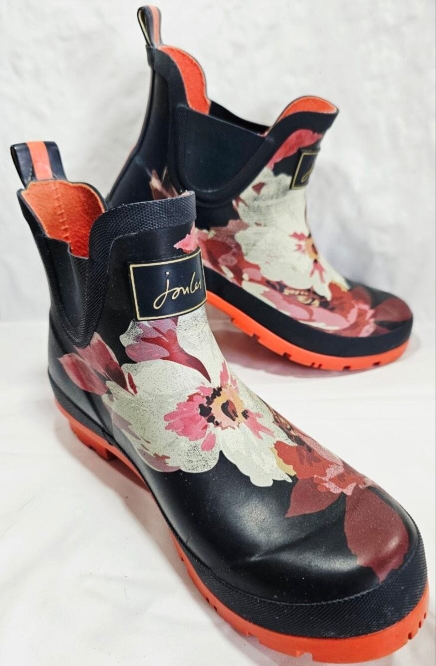 Joules Wellibob Women's Short Rain Boots Black Floral Size 9